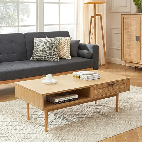 BAÏTA Table Basse Amana Effet chêne et cannage en rotin 2 tiroirs – Image 3