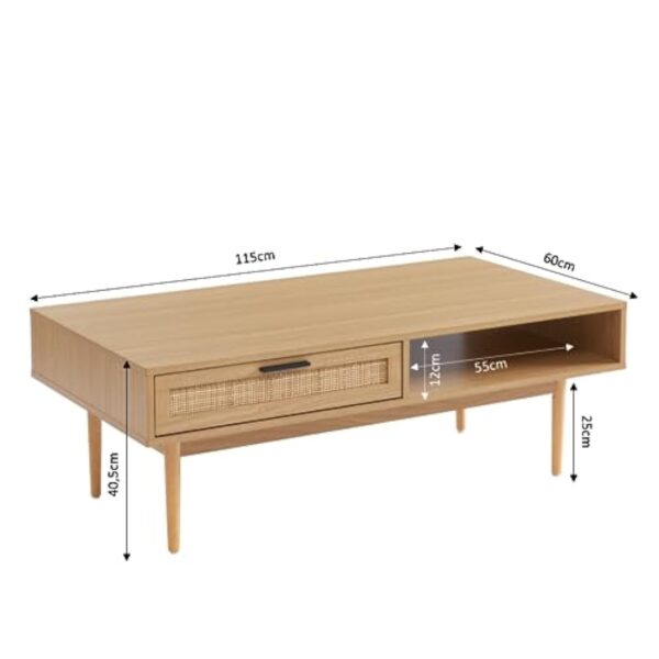 BAÏTA Table Basse Amana Effet chêne et cannage en rotin 2 tiroirs – Image 4