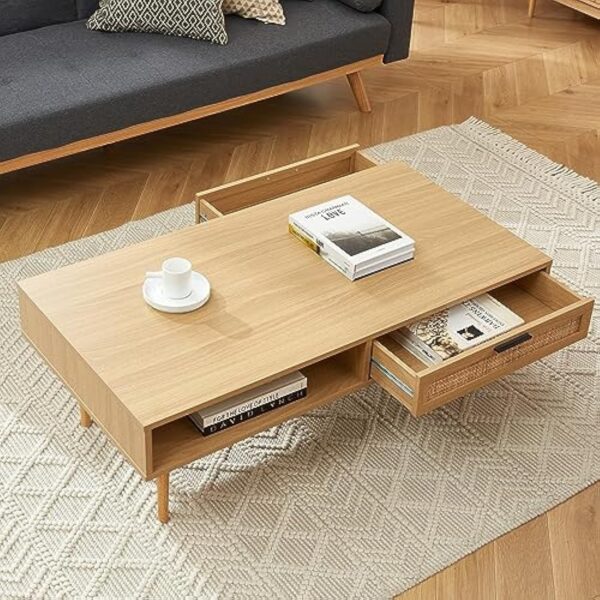 BAÏTA Table Basse Amana Effet chêne et cannage en rotin 2 tiroirs – Image 5