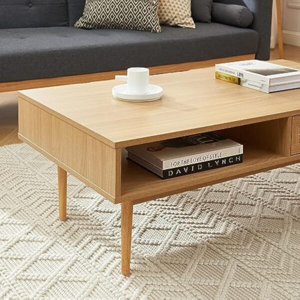 BAÏTA Table Basse Amana Effet chêne et cannage en rotin 2 tiroirs – Image 6