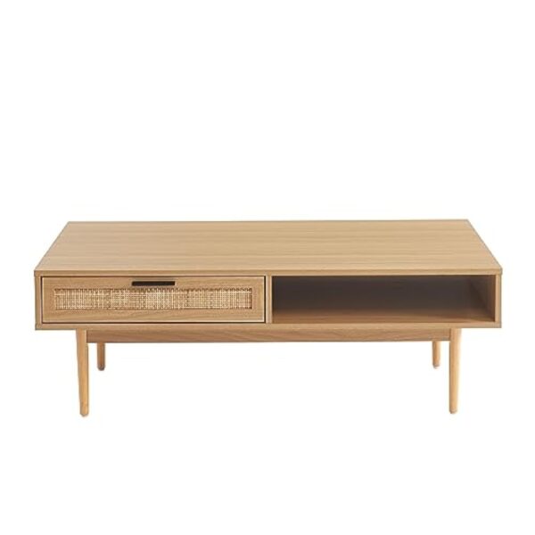 BAÏTA Table Basse Amana Effet chêne et cannage en rotin 2 tiroirs – Image 8