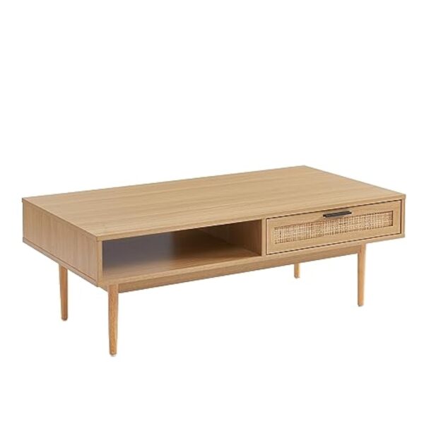 BAÏTA Table Basse Amana Effet chêne et cannage en rotin 2 tiroirs – Image 9