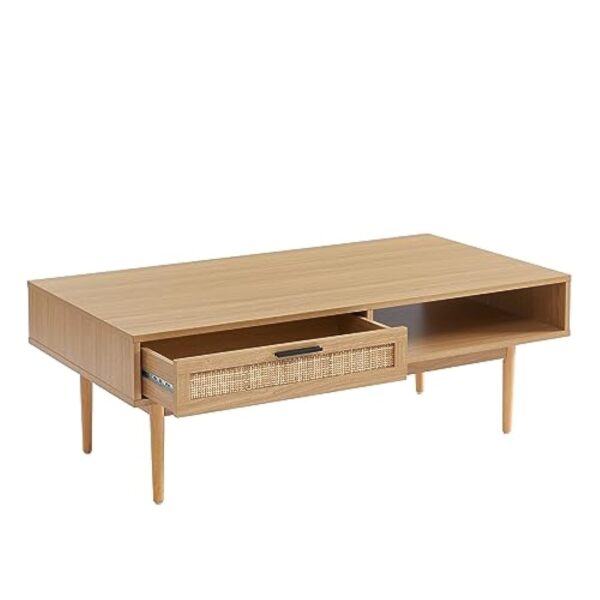 BAÏTA Table Basse Amana Effet chêne et cannage en rotin 2 tiroirs – Image 10