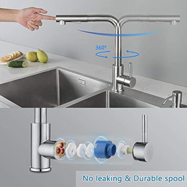 CECIPA Robinet Cuisine Douchette, Mitigeur Cuisine avec Douchette Extractible, Robinet Evier ​de Cuisin Rotatif à 360°, Robinetterie Cuisine Inox Brosse, Mitigeur Evier avec Aérateur Amovible, X203 – Image 6