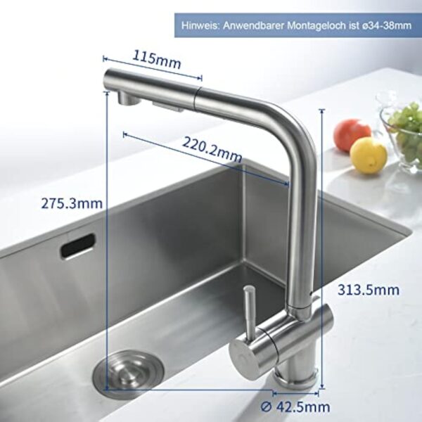 CECIPA X207S Mitigeur Cuisine avec Douchette Extractible, Robinet Cuisine Douchette Extensible, Mitigeur Evier 2 Jets, Robinetterie de Cuisine Rotatif à 360°, Robinet Evier Tete en Acier Inox – Image 7