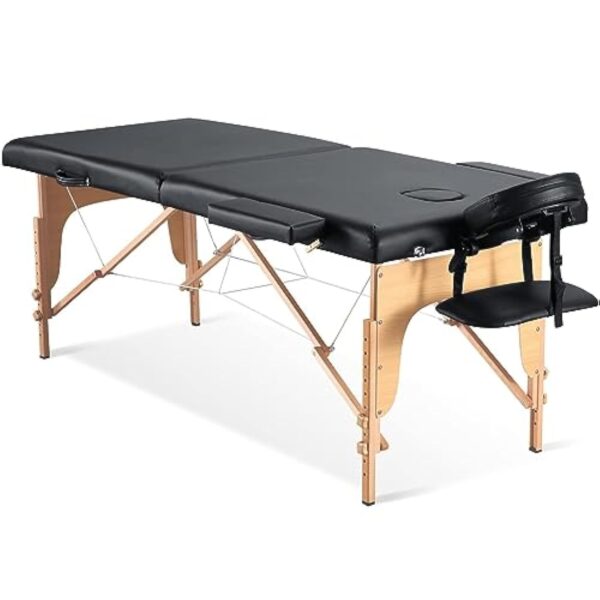 CHRUN Table de Massage Pliante Wooden Professionnelle 2 Section Cosmetique Lit de Table Massage Portable Massage Spa Tatouage + Housse de Transport (Noir)