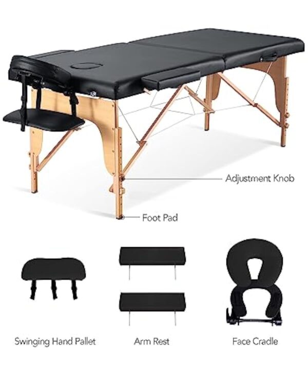 CHRUN Table de Massage Pliante Wooden Professionnelle 2 Section Cosmetique Lit de Table Massage Portable Massage Spa Tatouage + Housse de Transport (Noir) – Image 8