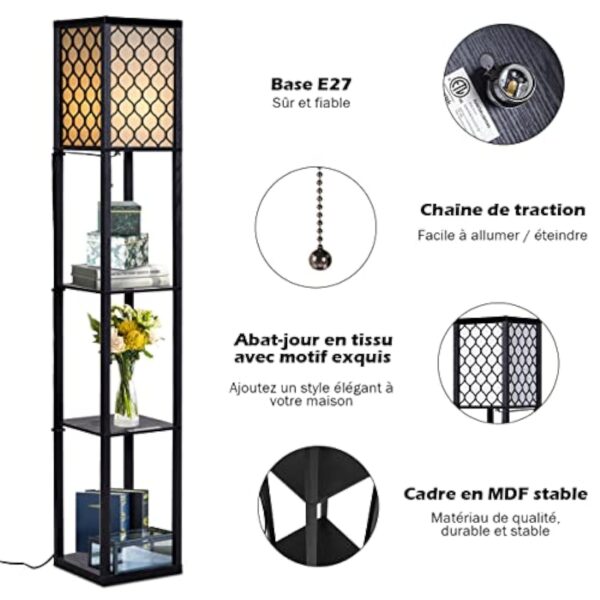 COSTWAY Lampadaire avec 3 Niveaux Etagère 220-240V,60W Design Scandinave Lampe sur Pied pour Chambre et Salon (Ampoule Non Inclus) – Image 9