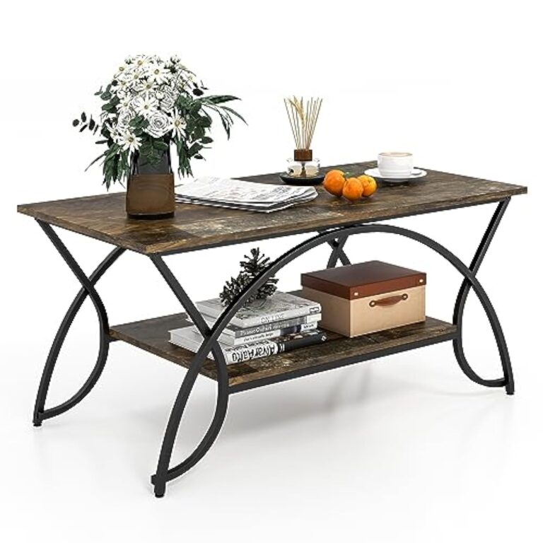 COSTWAY Table Basse Salon Rectangulaire 2 Niveaux, Table Basse avec Cadre en Métal Noir, Plateau Rustique Design Vieux, Style Industriel, 100 x 50 x 45 cm (Noir Rustique)