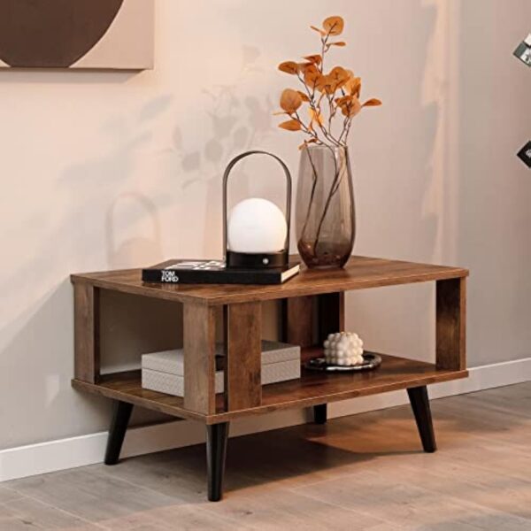 COSTWAY Table Basse à 2 Niveaux, Table d'Appoint Industriel 4 Jambes Patins Antidérapants pour Salon, Chambre, Bureau, 70 x 50 x 41 cm, Marron Rustique – Image 3
