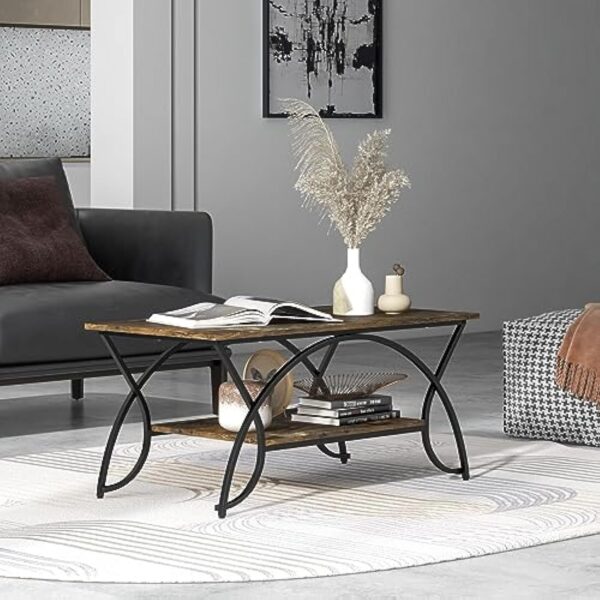 COSTWAY Table Basse Salon Rectangulaire 2 Niveaux, Table Basse avec Cadre en Métal Noir, Plateau Rustique Design Vieux, Style Industriel, 100 x 50 x 45 cm (Noir Rustique) – Image 3