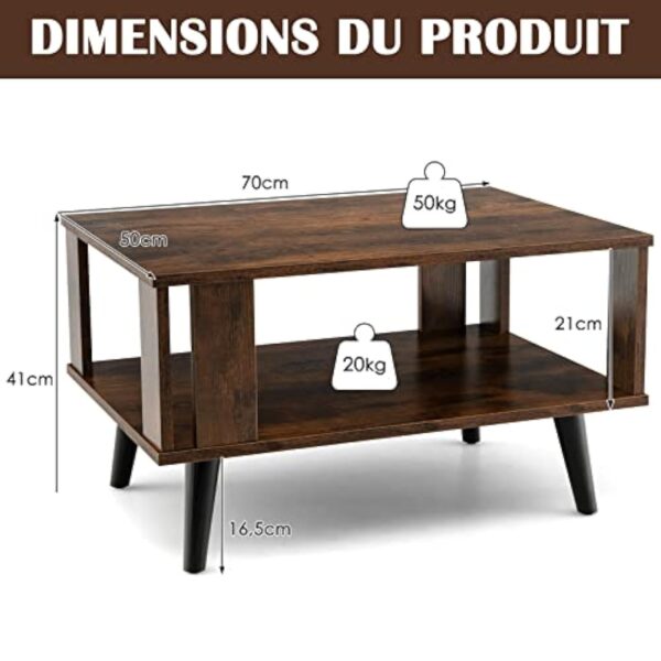 COSTWAY Table Basse à 2 Niveaux, Table d'Appoint Industriel 4 Jambes Patins Antidérapants pour Salon, Chambre, Bureau, 70 x 50 x 41 cm, Marron Rustique – Image 4