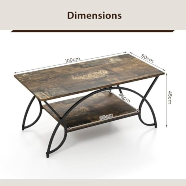 COSTWAY Table Basse Salon Rectangulaire 2 Niveaux, Table Basse avec Cadre en Métal Noir, Plateau Rustique Design Vieux, Style Industriel, 100 x 50 x 45 cm (Noir Rustique) – Image 4