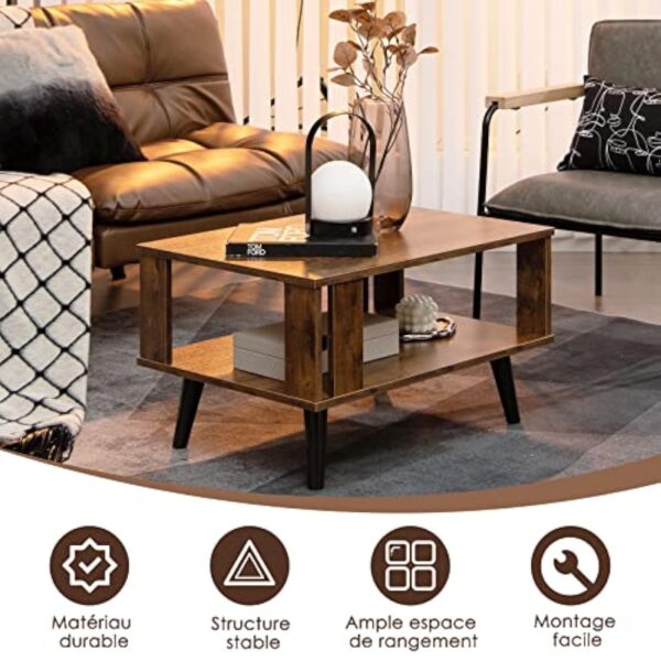COSTWAY Table Basse à 2 Niveaux, Table d'Appoint Industriel 4 Jambes Patins Antidérapants pour Salon, Chambre, Bureau, 70 x 50 x 41 cm, Marron Rustique – Image 5