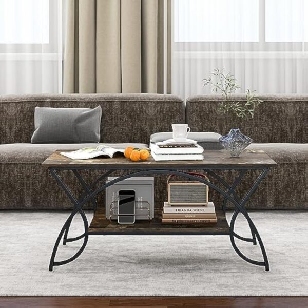 COSTWAY Table Basse Salon Rectangulaire 2 Niveaux, Table Basse avec Cadre en Métal Noir, Plateau Rustique Design Vieux, Style Industriel, 100 x 50 x 45 cm (Noir Rustique) – Image 5