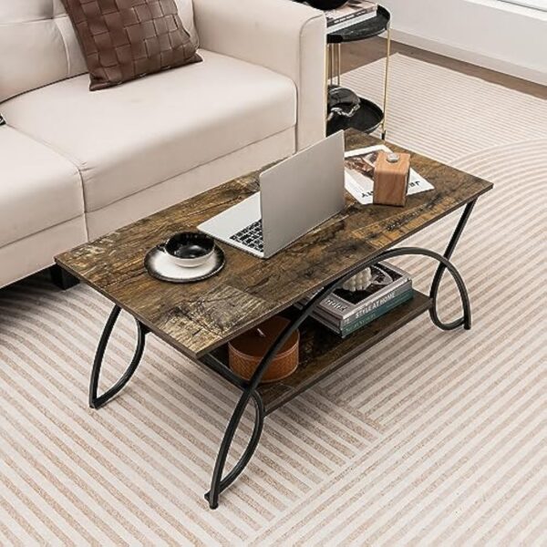 COSTWAY Table Basse Salon Rectangulaire 2 Niveaux, Table Basse avec Cadre en Métal Noir, Plateau Rustique Design Vieux, Style Industriel, 100 x 50 x 45 cm (Noir Rustique) – Image 6