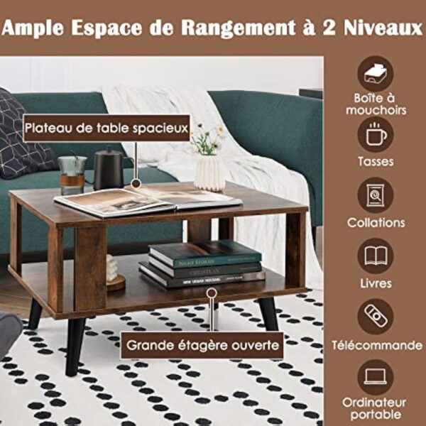 COSTWAY Table Basse à 2 Niveaux, Table d'Appoint Industriel 4 Jambes Patins Antidérapants pour Salon, Chambre, Bureau, 70 x 50 x 41 cm, Marron Rustique – Image 7