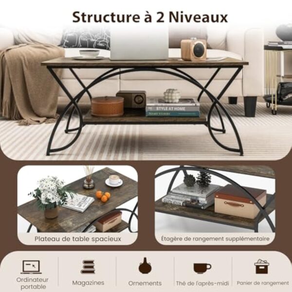 COSTWAY Table Basse Salon Rectangulaire 2 Niveaux, Table Basse avec Cadre en Métal Noir, Plateau Rustique Design Vieux, Style Industriel, 100 x 50 x 45 cm (Noir Rustique) – Image 7