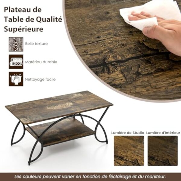 COSTWAY Table Basse Salon Rectangulaire 2 Niveaux, Table Basse avec Cadre en Métal Noir, Plateau Rustique Design Vieux, Style Industriel, 100 x 50 x 45 cm (Noir Rustique) – Image 8