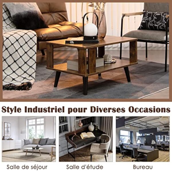 COSTWAY Table Basse à 2 Niveaux, Table d'Appoint Industriel 4 Jambes Patins Antidérapants pour Salon, Chambre, Bureau, 70 x 50 x 41 cm, Marron Rustique – Image 9
