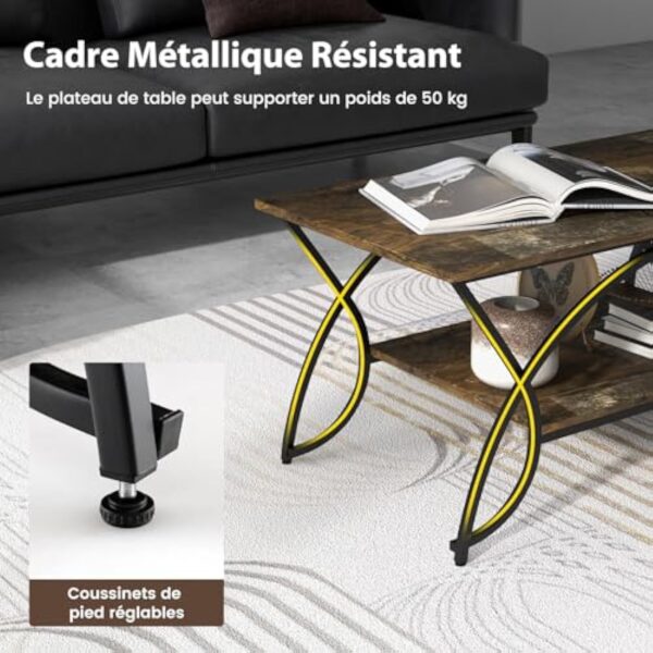 COSTWAY Table Basse Salon Rectangulaire 2 Niveaux, Table Basse avec Cadre en Métal Noir, Plateau Rustique Design Vieux, Style Industriel, 100 x 50 x 45 cm (Noir Rustique) – Image 9