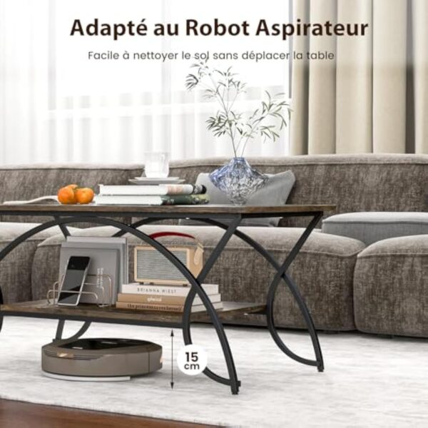 COSTWAY Table Basse Salon Rectangulaire 2 Niveaux, Table Basse avec Cadre en Métal Noir, Plateau Rustique Design Vieux, Style Industriel, 100 x 50 x 45 cm (Noir Rustique) – Image 10