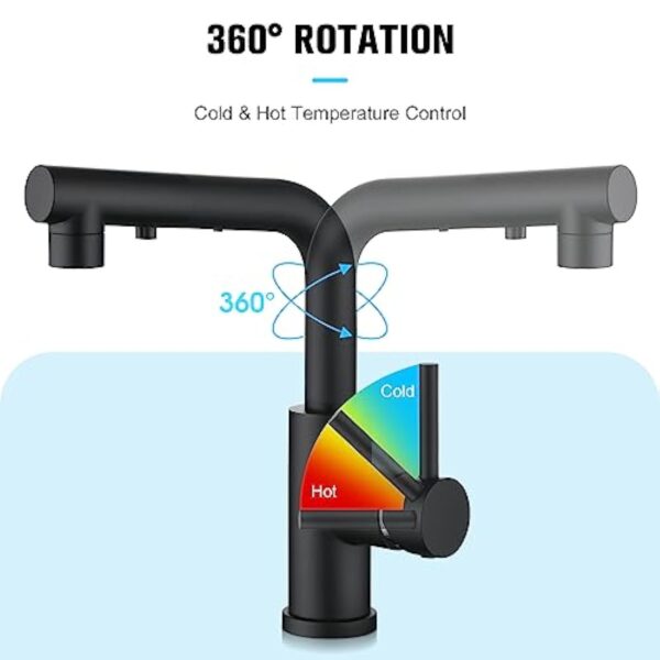 CREA Robinet Cuisine avec Douchette 3 Fonctions, Robinet Mitigeur Cuisine avec Douchette Extractible, Robinet pour Cuisine ou Salle de Bain, Robinet Lavabo Noir Rotatif à 360°, Noir Mat – Image 3