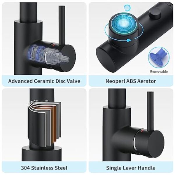 CREA Robinet Cuisine avec Douchette 3 Fonctions, Robinet Mitigeur Cuisine avec Douchette Extractible, Robinet pour Cuisine ou Salle de Bain, Robinet Lavabo Noir Rotatif à 360°, Noir Mat – Image 6
