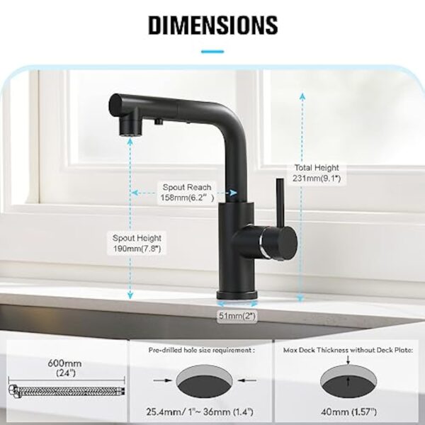 CREA Robinet Cuisine avec Douchette 3 Fonctions, Robinet Mitigeur Cuisine avec Douchette Extractible, Robinet pour Cuisine ou Salle de Bain, Robinet Lavabo Noir Rotatif à 360°, Noir Mat – Image 7