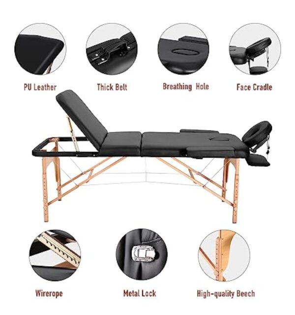 Careboda Table de Massage de Luxe 70 cm de Large 3 Zones avec 5 cm de Mousse de Haute densité (24 kg/m³) Pieds en hêtre Dur Réglable en Hauteur jusqu'à 270kg de Charge Sac de Transport – Image 4