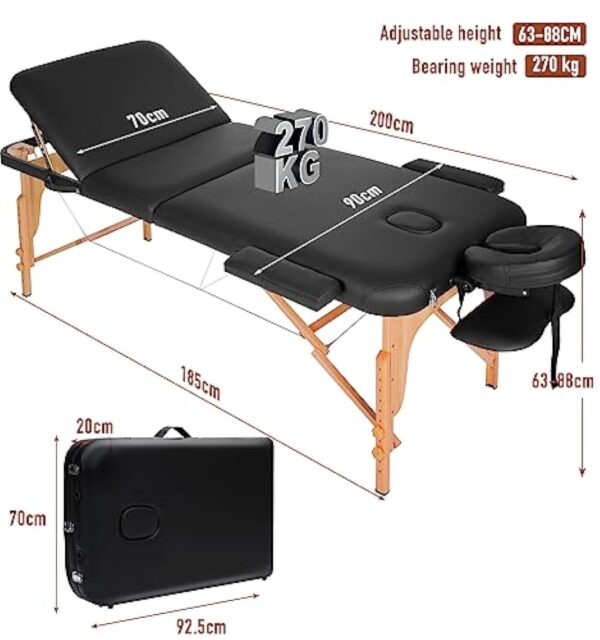 Careboda Table de Massage de Luxe 70 cm de Large 3 Zones avec 5 cm de Mousse de Haute densité (24 kg/m³) Pieds en hêtre Dur Réglable en Hauteur jusqu'à 270kg de Charge Sac de Transport – Image 7