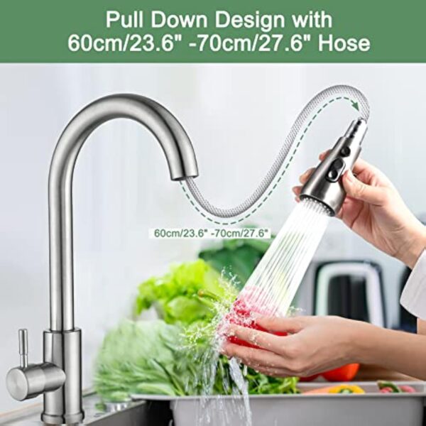 Cieex Robinet Cuisine avec Douchette Extensible Mitigeur Cuisine en Acier Inoxydable Robinet Douchette Cuisine de Rotatif à 360°, Finition Brossée, 3 Modes de Réglage du Débit D'eau – Image 3