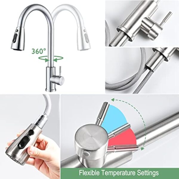 Cieex Robinet Cuisine avec Douchette Extensible Mitigeur Cuisine en Acier Inoxydable Robinet Douchette Cuisine de Rotatif à 360°, Finition Brossée, 3 Modes de Réglage du Débit D'eau – Image 5