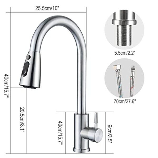 Cieex Robinet Cuisine avec Douchette Extensible Mitigeur Cuisine en Acier Inoxydable Robinet Douchette Cuisine de Rotatif à 360°, Finition Brossée, 3 Modes de Réglage du Débit D'eau – Image 7