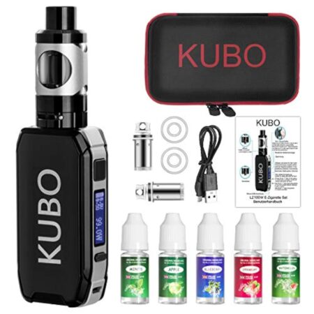 Cigarette Electronique Kit Complet E Cigarette et 5x10ml E liquide 100W Mod Kit avec Atomiseur 0,5 Ohm/ 2ml Batterie 2200mAh Vape, écran LED Watt réglable 0,0mg nicotine E Chicha KUBO LZ100W - Noir