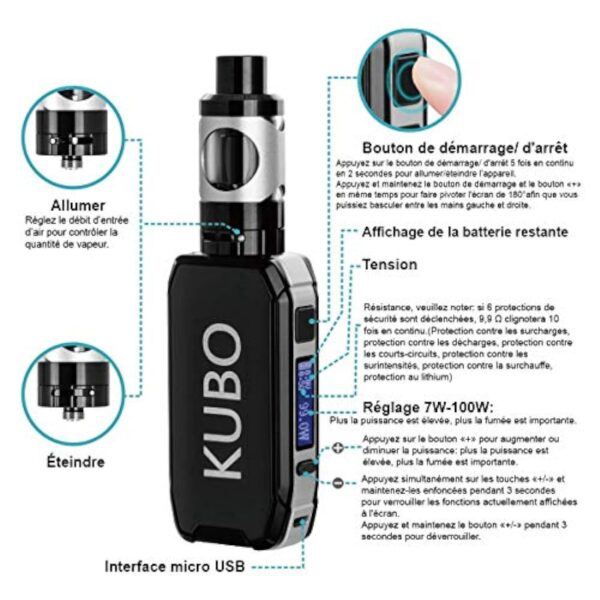 Cigarette Electronique Kit Complet E Cigarette et 5x10ml E liquide 100W Mod Kit avec Atomiseur 0,5 Ohm/ 2ml Batterie 2200mAh Vape, écran LED Watt réglable 0,0mg nicotine E Chicha KUBO LZ100W - Noir – Image 3