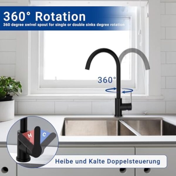 DETBOM Robinet Cuisine Noir de Haute Pression Pivotant à 360°, Robinetterie Cuisine en Acier Inoxydable, Mitigeur Cuisine avec Bec de Hauteur-257mm… – Image 3