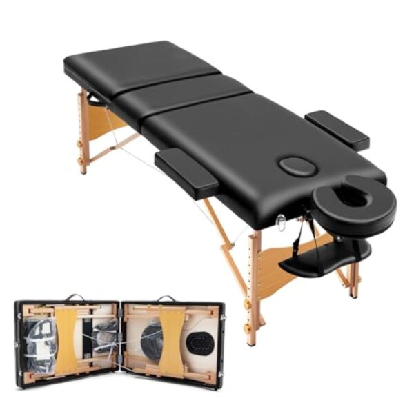 EFAN Table de Massage Pliante 3 Section avec Sac de Transport Lit de Massage Portable en Bois Table Cosmétique Pliable Réglable en Hauteur (Jusqu'à 230kg) - 62 * 186cm – Image 2