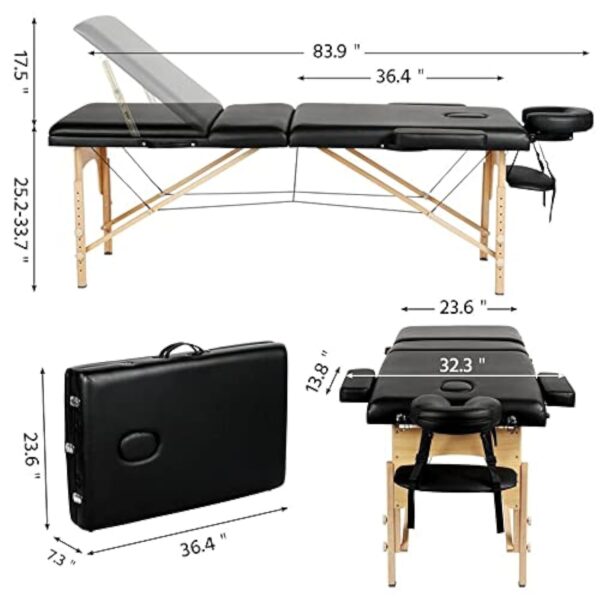 EFAN Table de Massage Pliante 3 Section avec Sac de Transport Lit de Massage Portable en Bois Table Cosmétique Pliable Réglable en Hauteur (Jusqu'à 230kg) - 62 * 186cm – Image 3