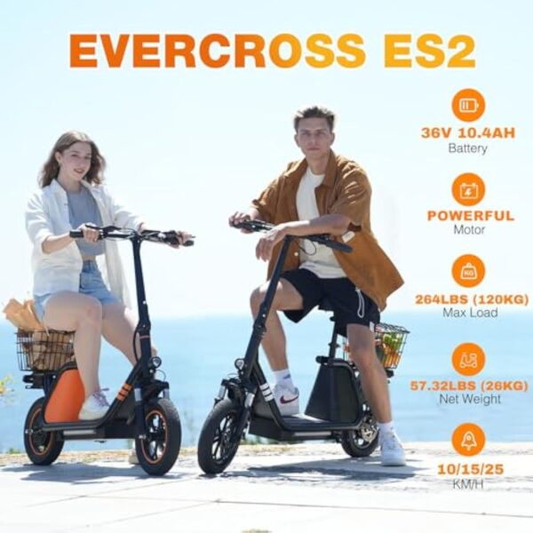 EVERCROSS ES2 Électrique Scooter, Scooter Adultes avec 36V,10.4Ah Batterie, Pliable Léger pour Pneus Pneumatiques de 12" avec Adulte Panier – Image 3
