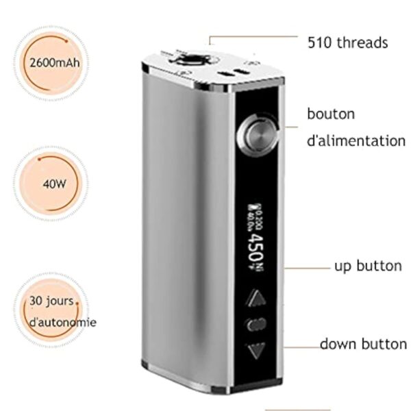 Eleaf Cigarette Électronique TC Batterie iStick TC 40W Box Mod 2600mAh, 40W Vaporizer Electronic Cigarette Vape Support, Sans Tabac Ni Nicotine Silver – Image 7
