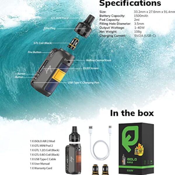 Eleaf iSOLO AIR 2 Kit Cigarettes électroniques Vape 1500mAh Batterie Cigarette Electronique Complet Kit, Top Fill Atomiseur 2ml& 0,8ohm 1,2ohm Vape Résistance Sans nicotine ni tabac, Black – Image 7