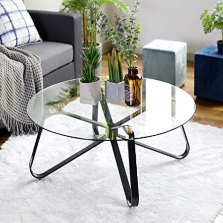 FITATHOME Café rond en verre trempé, canapé minimaliste nordique, table d'appoint moderne, avec base en fer noir pour la maison, le salon, la terrasse, le jardin (80 cm, 80 cm, 40 cm),