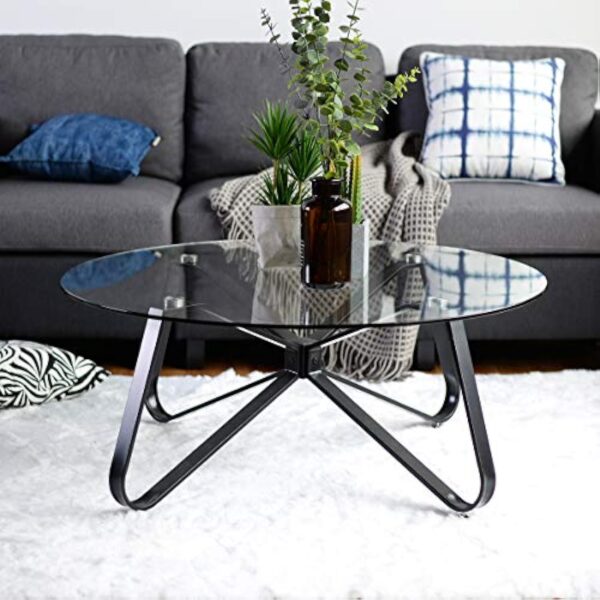 FITATHOME Café rond en verre trempé, canapé minimaliste nordique, table d'appoint moderne, avec base en fer noir pour la maison, le salon, la terrasse, le jardin (80 cm, 80 cm, 40 cm), – Image 3