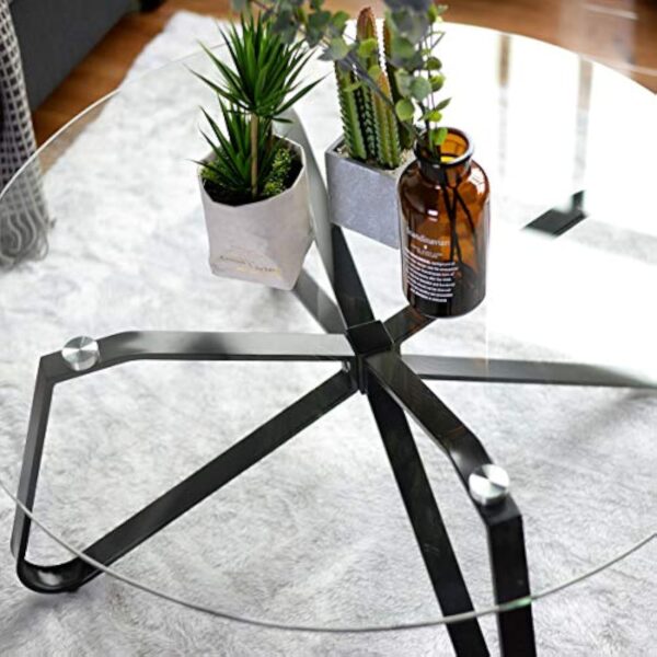 FITATHOME Café rond en verre trempé, canapé minimaliste nordique, table d'appoint moderne, avec base en fer noir pour la maison, le salon, la terrasse, le jardin (80 cm, 80 cm, 40 cm), – Image 4