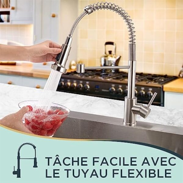 FORIOUS Robinet Cuisine, Mitigeur Cuisine Avec Douchette Pivotant à 360° d'Évier à Arc Élevé Pulvérisateur Escamotable 2 Modes, Acier Inoxydable – Image 3