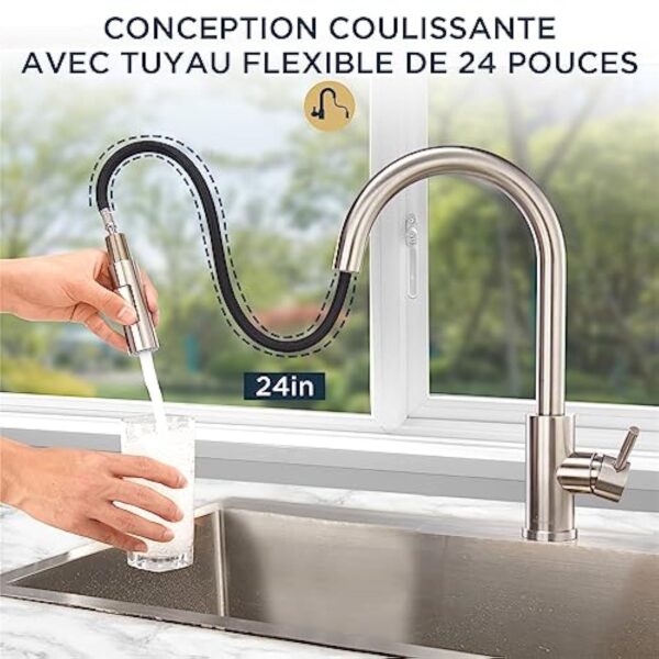 FORIOUS Robinet Cuisine, Mitigeur Cuisine Douchette Evier Cuisine Pivotant à 360° d'Évier à Arc Élevé Pulvérisateur Escamotable 2 Modes, Acier Inoxydable – Image 3
