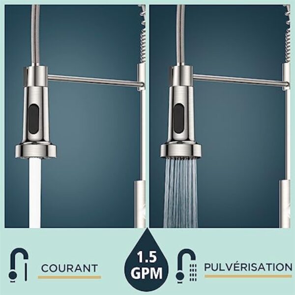 FORIOUS Robinet Cuisine, Mitigeur Cuisine Avec Douchette Pivotant à 360° d'Évier à Arc Élevé Pulvérisateur Escamotable 2 Modes, Acier Inoxydable – Image 4