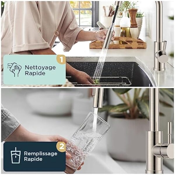 FORIOUS Robinet Cuisine, Mitigeur Cuisine Douchette Evier Cuisine Pivotant à 360° d'Évier à Arc Élevé Pulvérisateur Escamotable 2 Modes, Acier Inoxydable – Image 5