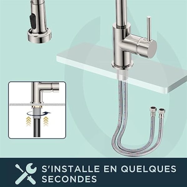 FORIOUS Robinet Cuisine, Mitigeur Cuisine Avec Douchette Pivotant à 360° d'Évier à Arc Élevé Pulvérisateur Escamotable 2 Modes, Acier Inoxydable – Image 6